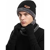 Winter Hat Scarf Gloves Set, 3-in-1 Knit Beanie with Fuzzy Lining, Touch Screen Mittens, Circle Scarf for Men Women