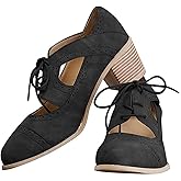 JITUUE Oxford Shoes for Women Chunky Heels Brogue Leather Saddle Dress Shoes Lace up Vintage Wingtip Ankle Boots