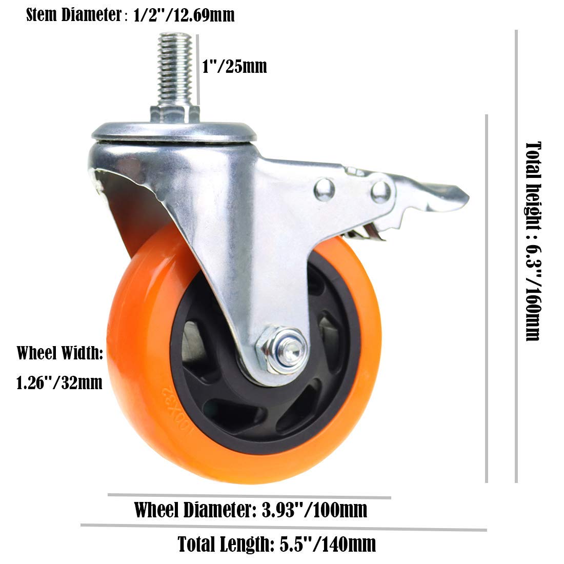 Stem Casters Aozel Heavy Duty Swivel Threaded Stem Caster Wheels with American Size 1/2''-13x1'' Thread Dual Locking Wheel with Brakes Pack of 4 (4 Inch): Industrial & Scientific