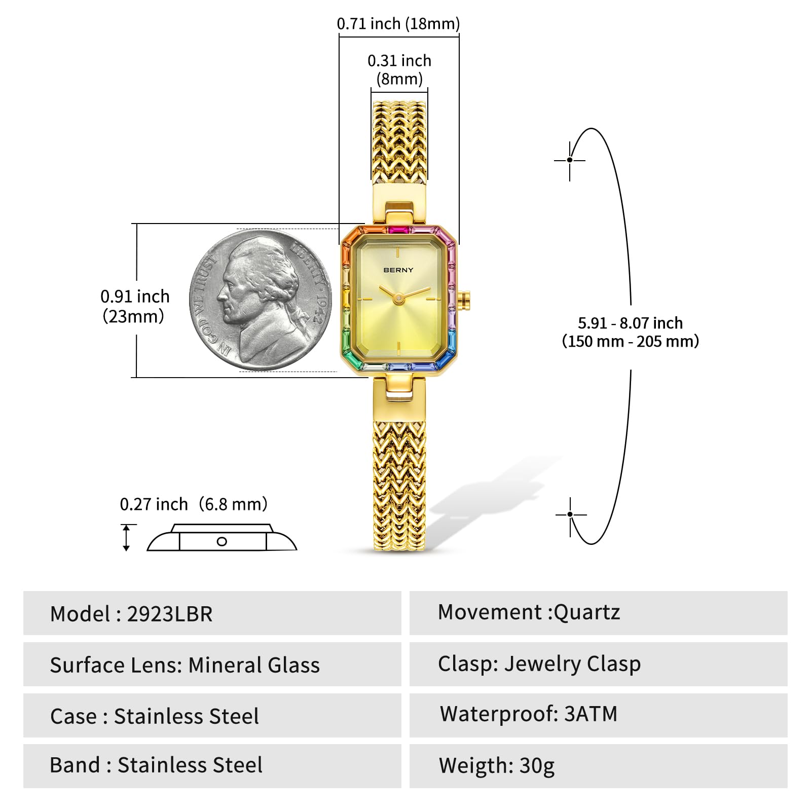 BERNY Silver Watches for Women Dainty Quartz Bracelet Watch Ladies Wrist Watch and Bracelet Set Coloured Stones Accented Fashion Luxury Birthday Gifts for Women