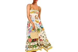 WJDNHKYD Women Cute Print Maxi Cami Dress Loose Sleeveless Spaghetti Strap Boho Dress Flowy Graffiti Long Aline Sun Maxi Dress