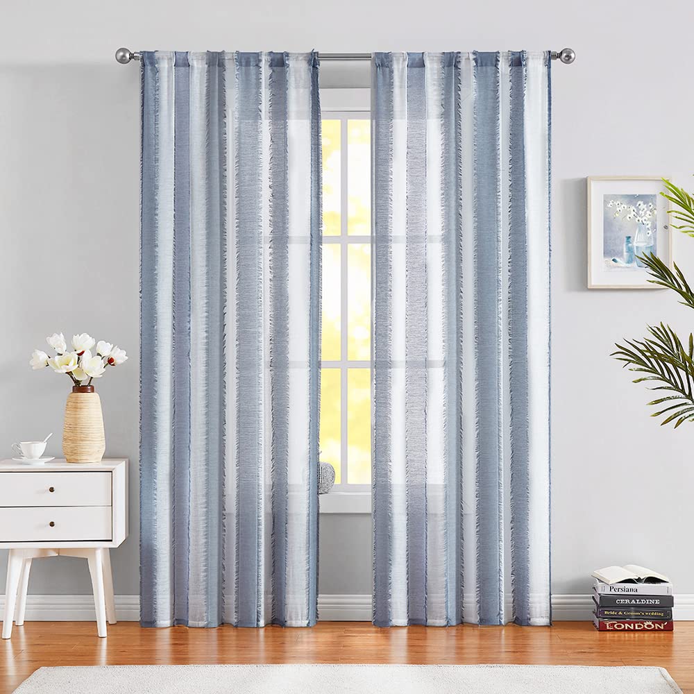 Fragrantex Steel Blue and White Striped Sheer Boho Bohemia Curtains with Eyelash Detailing for Patio 95 Inch Long Voile Window Treatment Set for Living Room Draperies 38"W x 95"L 2 Panels,Rod Pocket