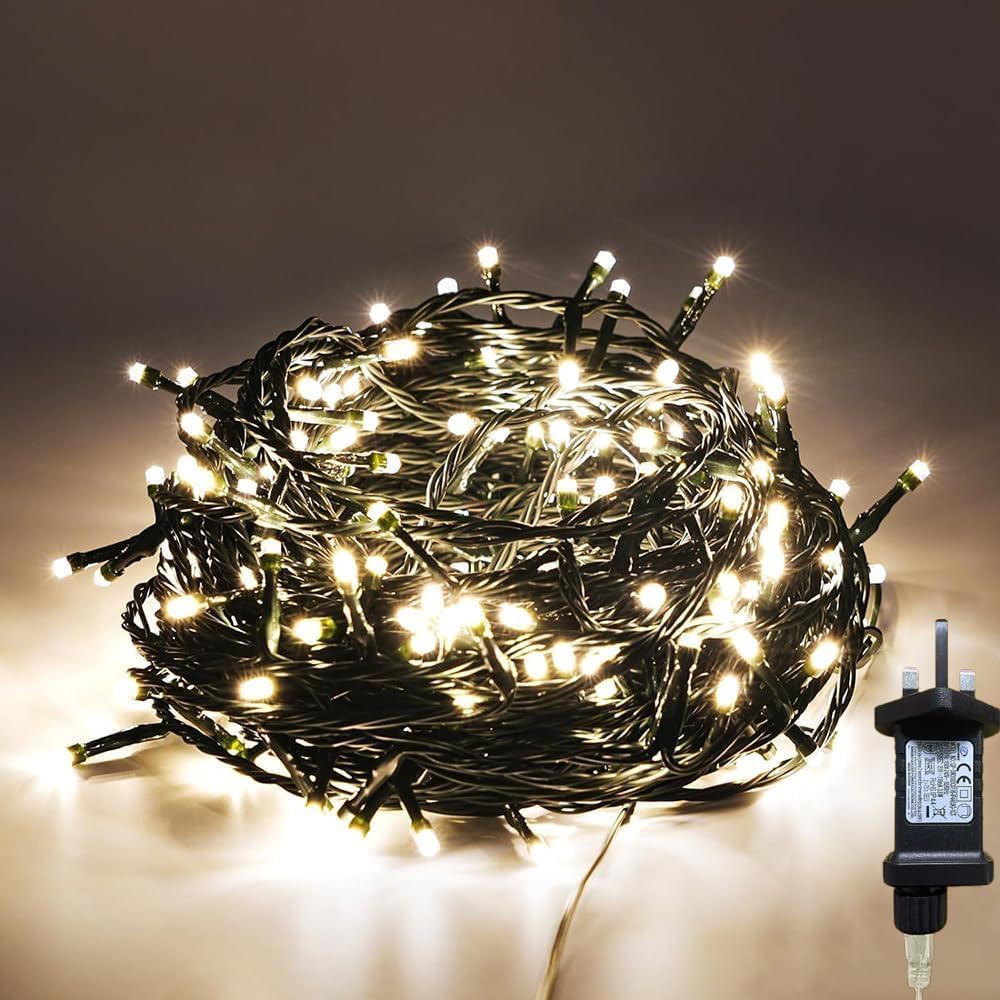 Gresonic 100/200/300/400LED Fairy Lights,8 Modes Timer String for Bedroom Plug in,Warm White Outdoor Garden Mains Powered Waterproof Christmas for Party(600LED,Green Cable)