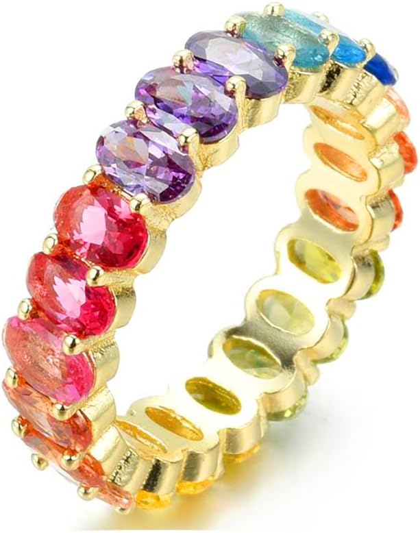 NYC Sterling Women's .925 Silver Oval Shaped Rainbow Cubic Zirconia Eternity Ring