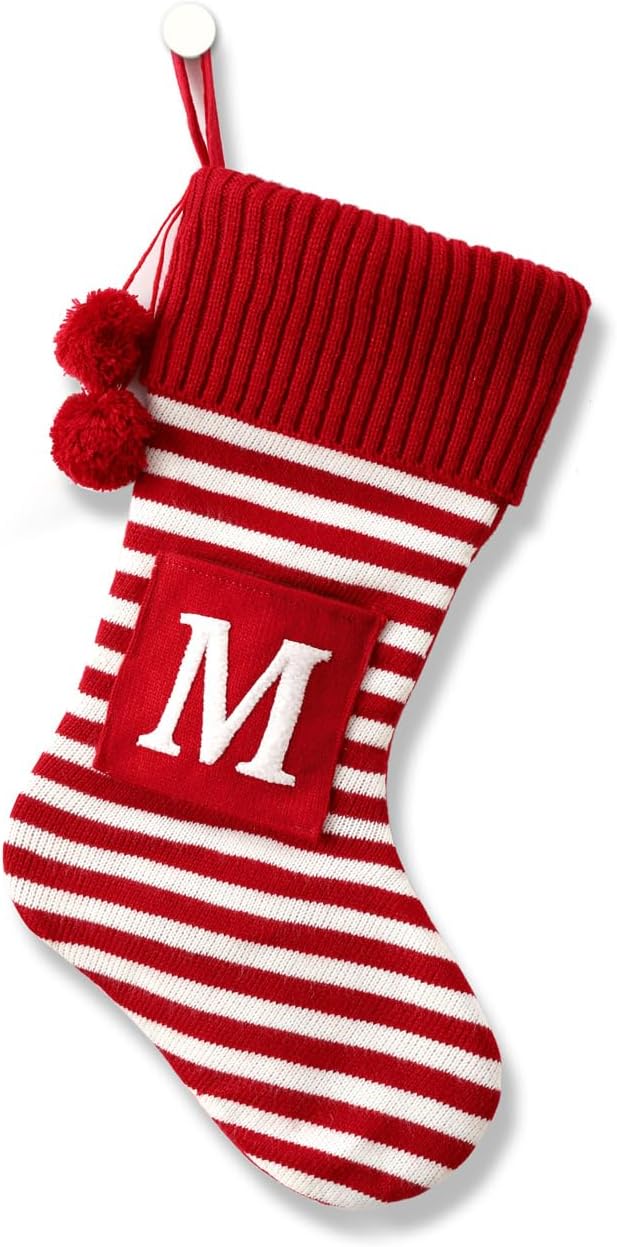 Stockings & Holders - 20 Inches Initial Monogram Embroidered Christmas Stocking Striped knitted Christmas Decorations Stocking Red,White, Green Letter Stockings for Family Holiday and Xmas Tree Fireplace Decor-50-M-Red