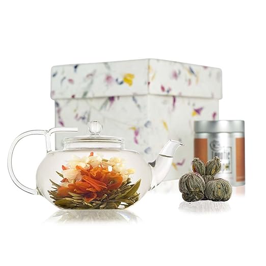 The Exotic Teapot Flowering Tea Gift Set, Lotus Glass Teapot (400ml), 5 Bloom Sampler Tin of