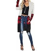 Lacozy Women's Open Front Long Cardigan Draped Snap Buffalo Plaid Shirt Kimono Cardigan Knit Sweater