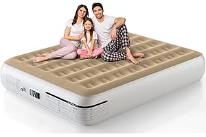 Ezyrest 13 Inches Air Mattress Queen with Built in Pump, Inflatable Mattress for Camping & Guest, Blow Up Mattress with Soft Flocked Top, Foldable Queen Air Mattress with Built in Pump Beige and White