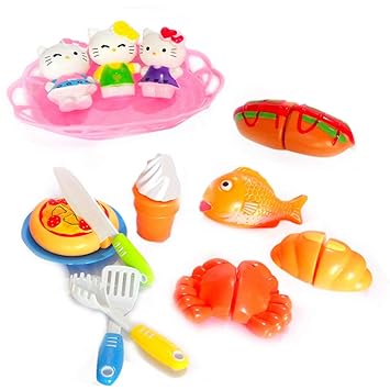 HALO NATION Fun Cutting Fruits Vegetables Pretend Food Playset with 3 Hello Kitty Figures - Educational Early Age Basic Skills Development 20 pcs Set - Velcro Cut Fruit
