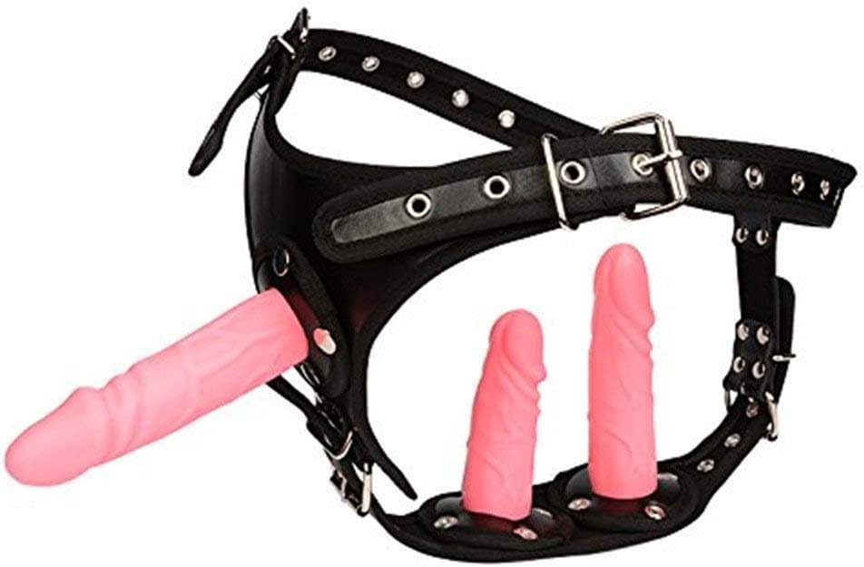 Leather Strap On Harness with 3 Silicone Head