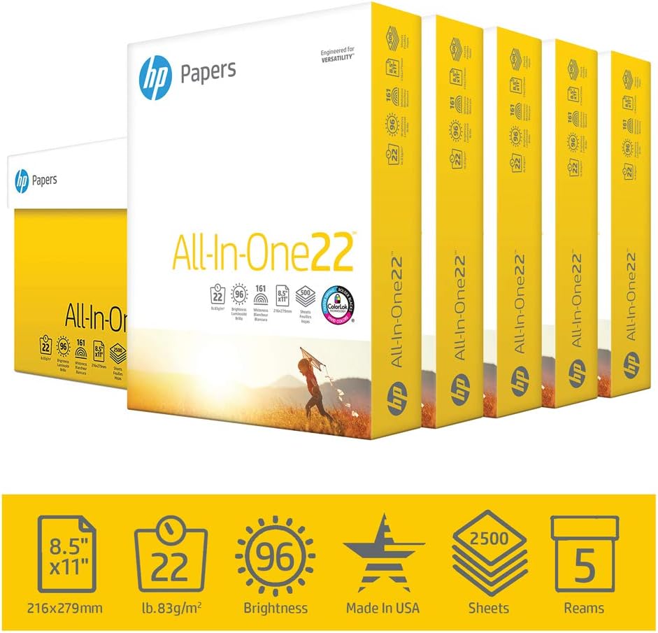 HP Printer Paper 8.5x11 AllInOne 22 lb 5 Ream Case 2500 Sheets 96 Bright Made in USA FSC Certified Copy Paper HP Compatible 207000C: Home Improvement