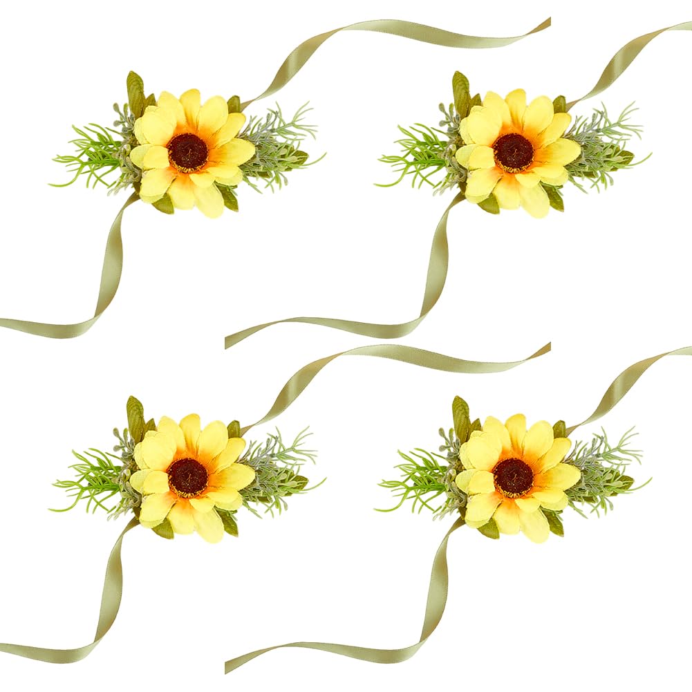 CRASPIRE 4Pcs Sunflower Wrist Corsage Bracelet Yellow Silk Cloth Plastic Imitation Flower Green Leaf with Silk Ribbon Wrist Flower Brooch Set for Bride Bridesmaids Prom Rustic Wedding Decoration