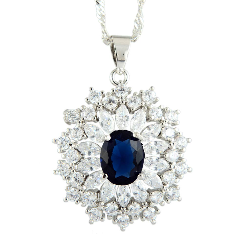 RIZILIA Blossom Pendant with 46cm(18") Chain & Oval Cut Gemstones CZ [Blue Sapphire] in 18K White Gold Plated, Simple Modern Elegance