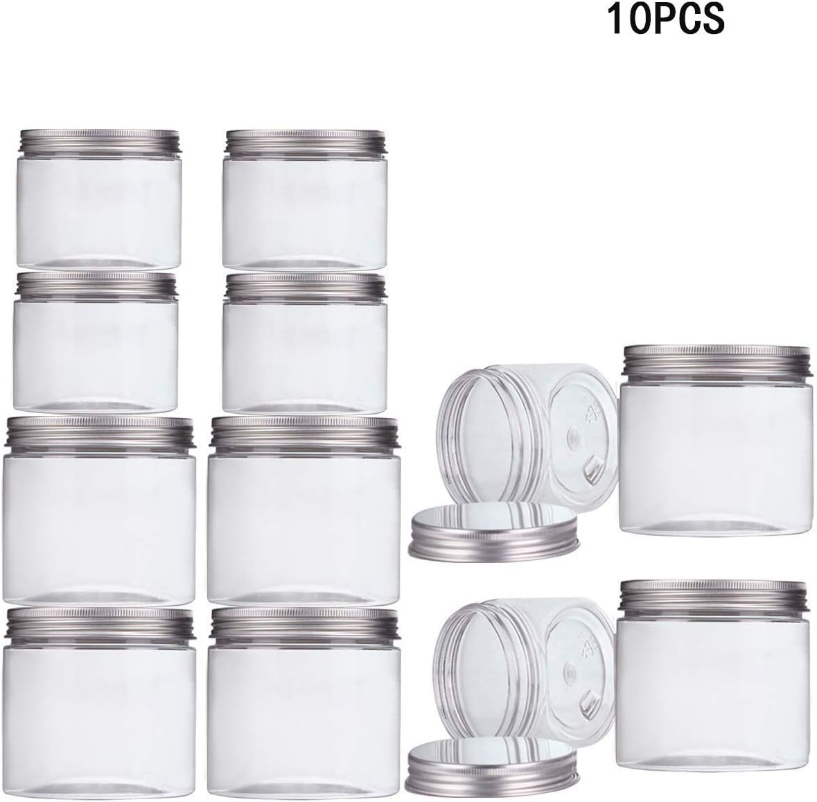 Wohlstand 10 Packs Clear Plastic Containers with Silver Metal Lids,PET Cups,for foodstuffs, Colours, Oils, Powders, Plastic Cups with Screw Cap, Plastic Cups with Cap, jam jar(350 ml/150ml)