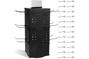 Zealor Rotating Pegboard Display Stand With 24 Hooks, 4-Sided Metal Spinning Peg Board Display 7.4"x7.4"x17" Spinner Pegboard Carousel Craft Rack Organizer (Black)