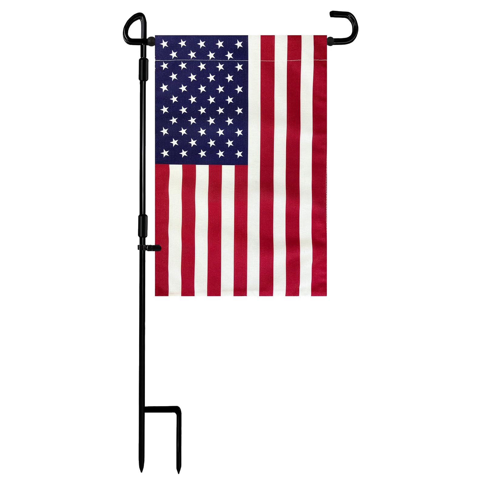 Photo 1 of TOPFLAGS Garden Flag Stand with American Flag Garden Flag Metal Yard Flag Holder Pole Stake Small Flag Stands for Garden Flags 12 x 18 with Clips and Stopper