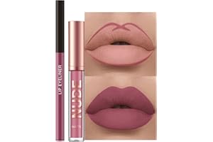 Rosarden 2Pcs Matte Lipstick and Lip Liner Set, Cream Nude Mauve Long Lasting Waterproof Lipliner Pencil & Plumper Lip Gloss, Retractable Lip Liner and Liquid Lipstick for Women Girls Lip Makeup