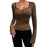 ShawGobow Sweetheart Neckline Top,Ribbed Long Sleeve Tops for Women,Basic Casual Going Out Fitted Shirts