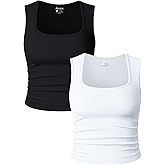 OQQ Womens 2 Piece Crop Tops Rueched Sleeveless Square Neck Stretch Basic Tank Shirts