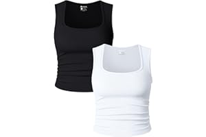 OQQ Womens 2 Piece Crop Tops Rueched Sleeveless Square Neck Stretch Basic Tank Shirts