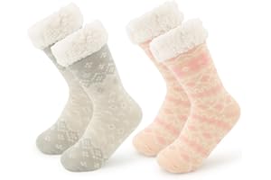 DG Hill Sock Slippers for Women - 2 Pack Non Slip Socks - Fuzzy Socks Warm Socks with Grippers Sherpa Fleece Lined Thermal