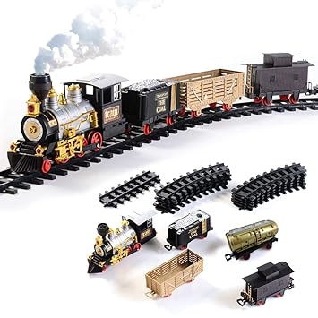 Tenlso Retro Toy Train Set Battery Operated, Electric Christmas Train Set with Smoke Lights Sounds, Steam Locomotive Engine, 4 Cars, 16 Tracks - DIY Toy Great Gift for Boys Girls Over 3 Year Old