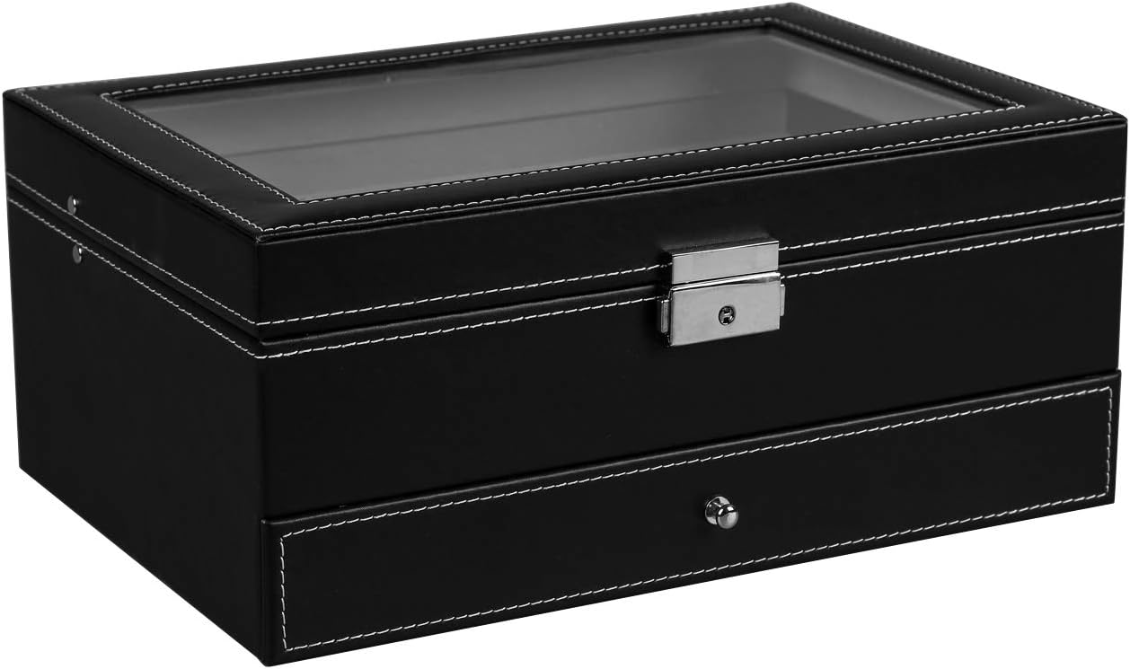 Ogrmar 12 Slot PU Leather Lockable Watch Storage Boxes, Men & Women Jewelry Display Drawer Case, 2-Tier Organizer Watch Showcase with Glass Lid: Home & Kitchen