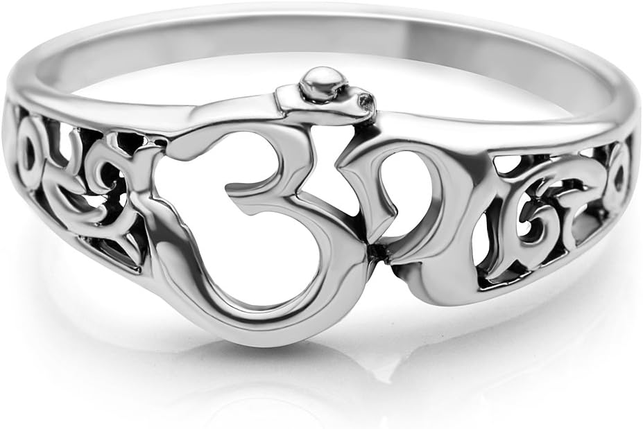 Chuvora 925 Sterling Silver Aum Om Ohm Sanskrit Symbol Filigree Design Meditation Yoga Band Ring
