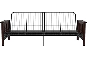 REALROOMS Elbi Full Size Wood Arm and Black Metal Futon Frame, Brown