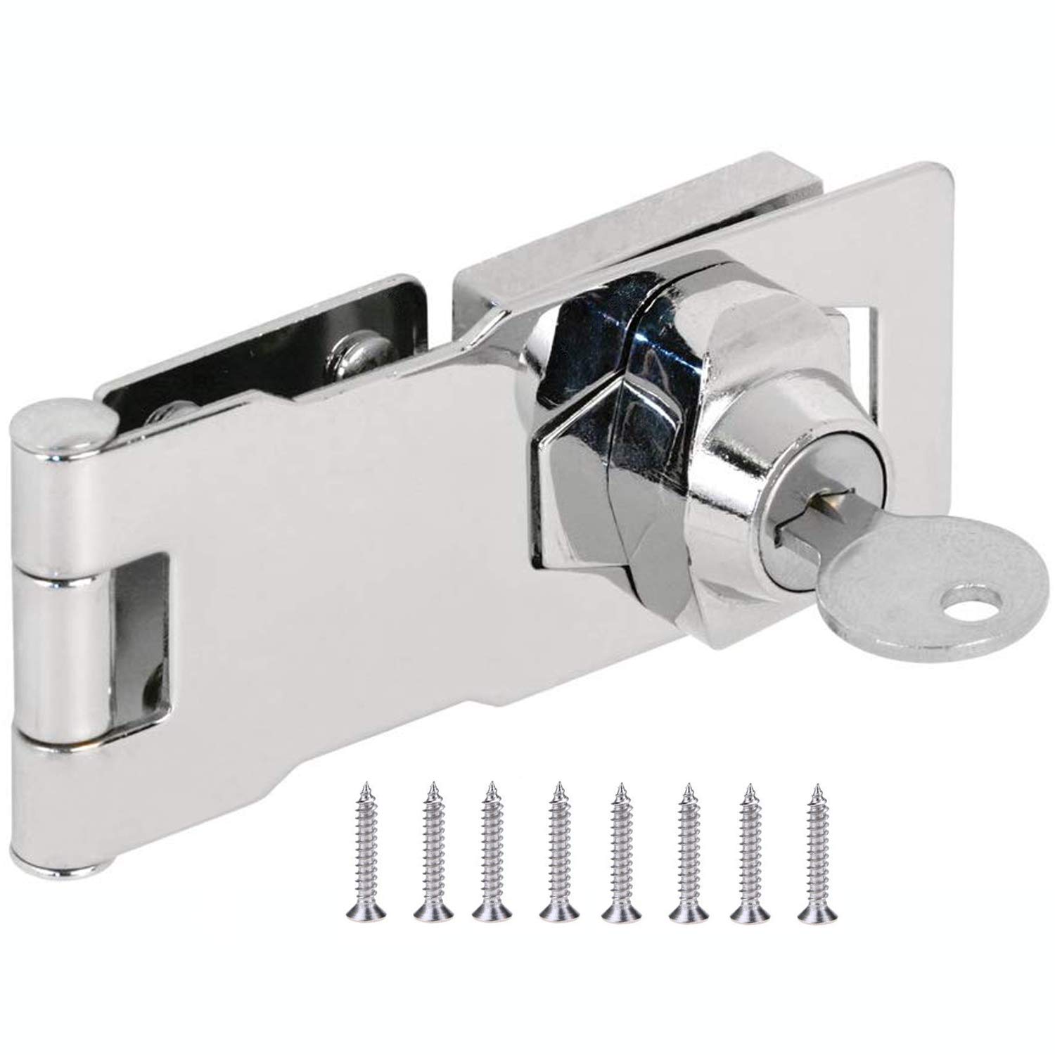 Door Lock Hasp with Key, Door Bolt Latch Buckle with Padlock and Key Chrome Plated Hardware for Locking Shed Doors Garage Door Cabinets Boxes Furniture etc (4 Inch)