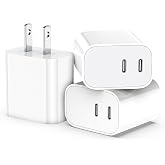 USB C Charger Block 3 Pack, Dual Port 20W Fast Wall Plug | 20W PD fast charging USB C block for iPhone 17 16 15 14 13 12 11, iPad Pro, iPad Air, AirPods and Apple Watch. (White)