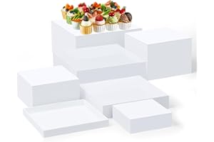 Leinuosen 7 Pcs Large Buffet Risers Set 6" to 12" Acrylic Display Box Catering Dessert Table Riser Food Display Decorative Stand with Hollow Bottom for Catering Supplies(White, Square)