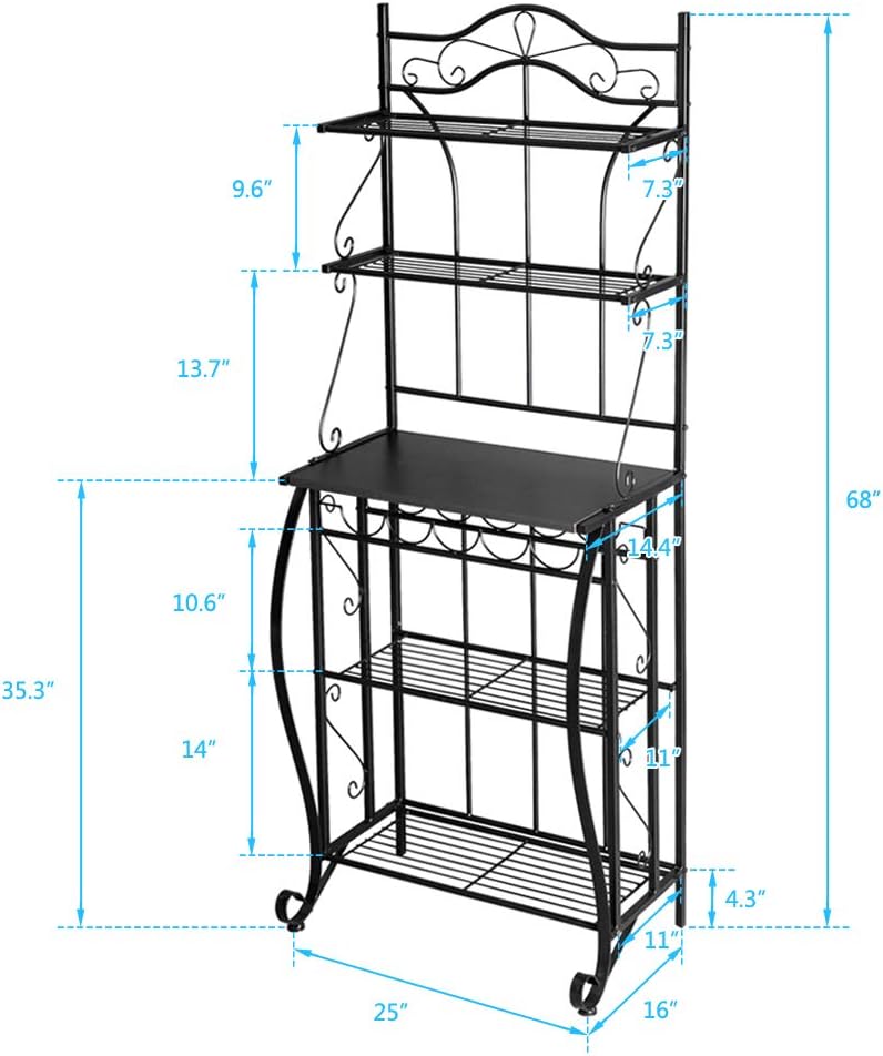 ROVSUN Upgrade Multiuse 5-Tier Metal Kitchen Bakers Rack, Microwave Storage Rack Oven Stand with Wine Storage Organizer Workstation Black (25" x 16" x 68") - Standing Baker's Racks