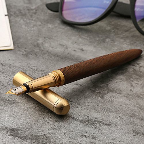 Funnylive Brass and Rosewood Business Pen Medium Nib Luxury Wood Fountain Pen Ink Pen 0.7mm Caneta Stationery with a Gift Box - Thumbnail 3