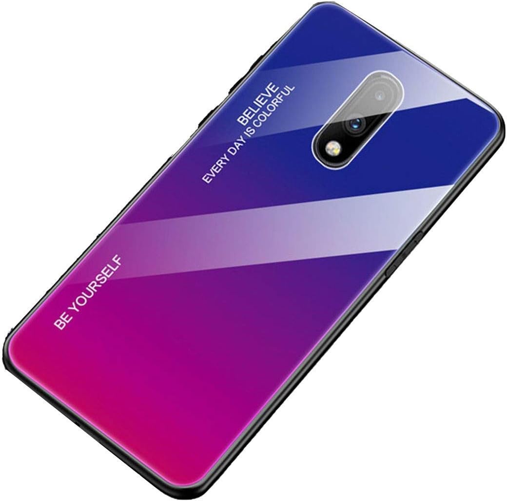katai Gradient Colour Pattern Anti-Scratch Shock Absorption Hybrid Slim Tempered Glass Back Cover for OnePlus 7 (Purple and Pink)