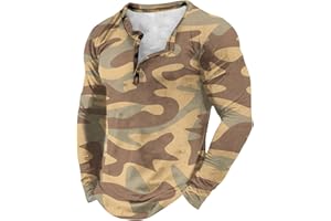 xoxingysm Mens Camo Henley Shirts Fall Trendy Long Sleeve Casual Button V Neck Pullover Tops Lightweight Tactical Sweatshirts