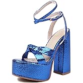 YIYA Women's Metallic Platform Chunky Heeled Sandals Open Round Toe Strappy Heels Ankle Strap Wedding Party Dress Shoes
