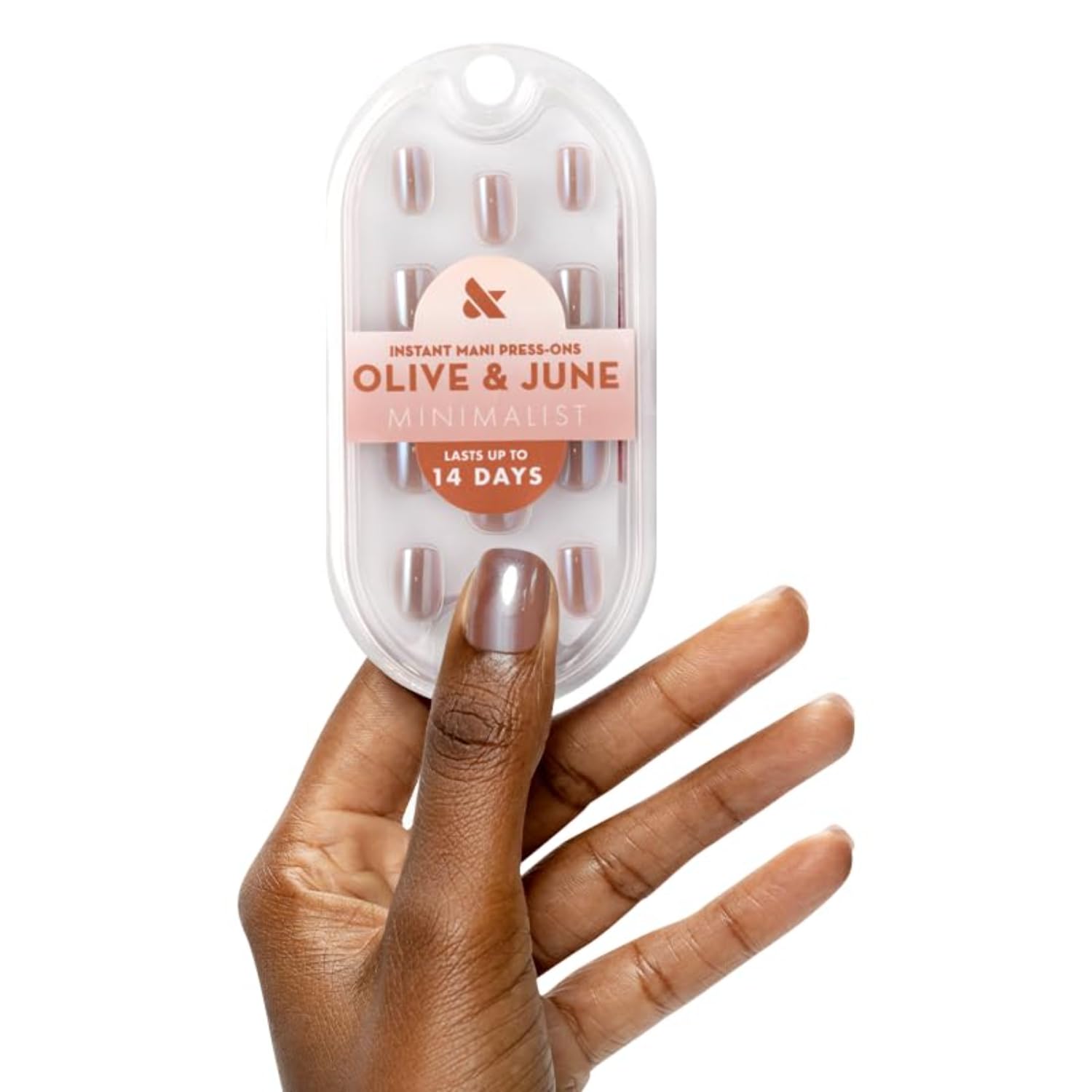 Photo 1 of Olive & June Mani Minimalist Instant Press-On Nails | (Glue) Extra Short, Squoval 42 Fake Nails, 21 Sizes | Non-Toxic, Long-Lasting Barely-There Look | Salon-Quality at Home | Taupe Jelly Chrome