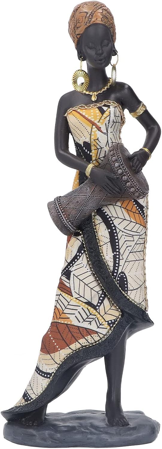African Drum Statue 12in Antique Resin African Tribal Lady Figurines Collectible Home Decor Hand Crafted Lifelike Musician Sculpture for Office Living Room