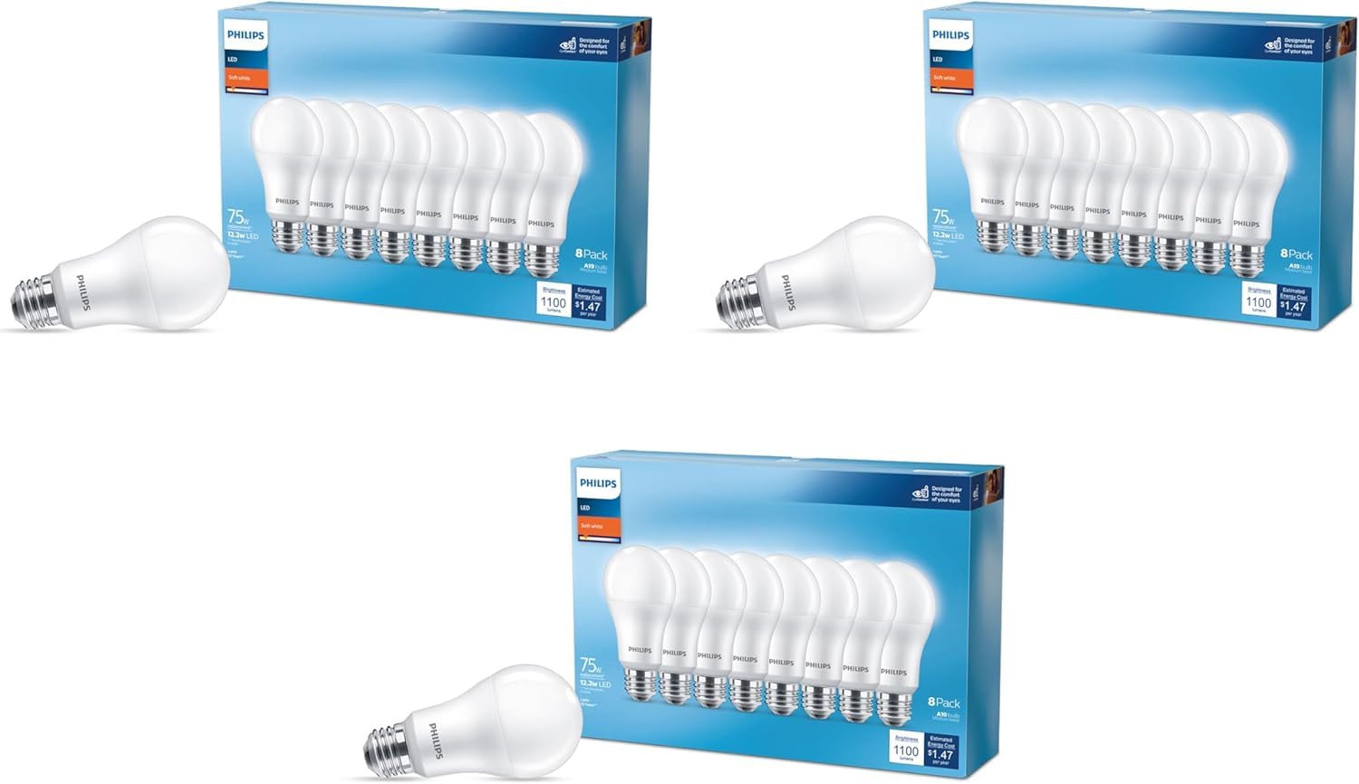 Philips LED 75W A19 24-Pack Basic Soft White (2700K) 1100 Lumen (12.2W = 75W) Frosted Flicker-Free Light Bulbs Image