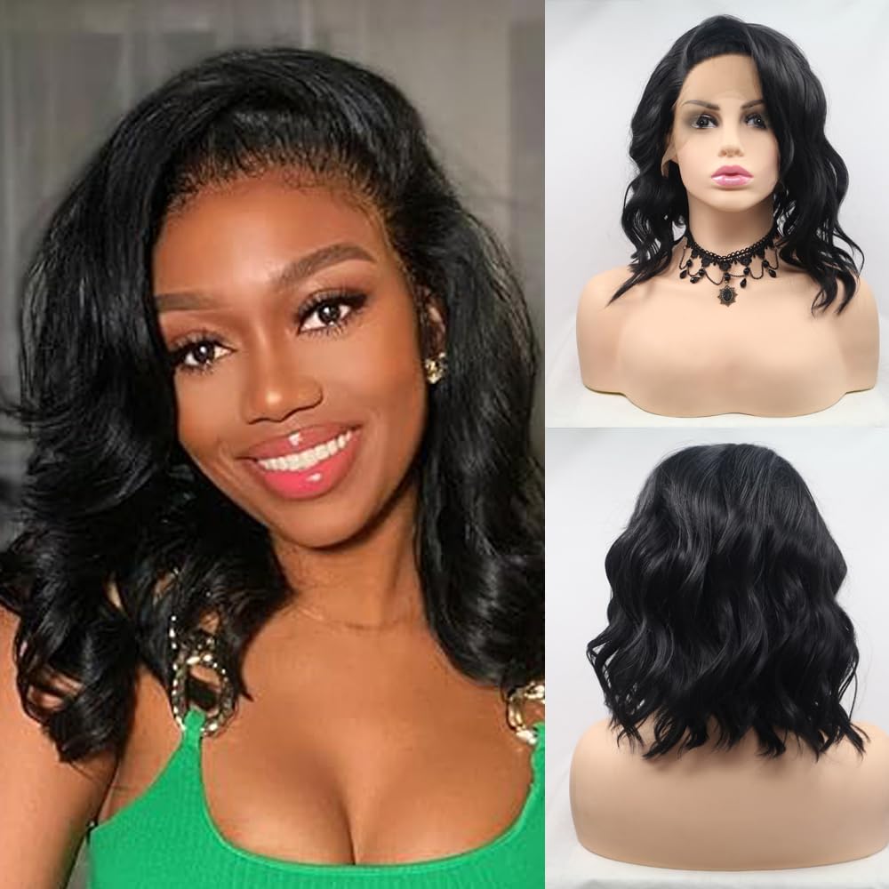 Xiweiya Short Black Curly Wave Mix Color Bob Wig with Side Part Synthetic Lace Front - Soft Wig Hair Replacement for Women, Drag Queen Makeup - 14 inch โ image 1