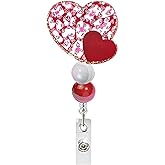 Two Love Hearts Badge Reel Valentine's Day Retractable Badge Reel Holder Red Pink Sweet Beaded Name Tag Holder with Alligator Clip for Nurse Doctor Teacher Work Accessories