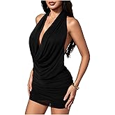 SweatyRocks Women's Sexy Cowl Neck Halter Mini Dress Mesh Ruched Backless Night Out Dresses Party Outfits