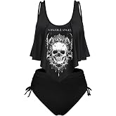 Rosegal Womens Plus Size Curve Gothic Skull Print Ruffled Overlay Tankini Swimwear Set