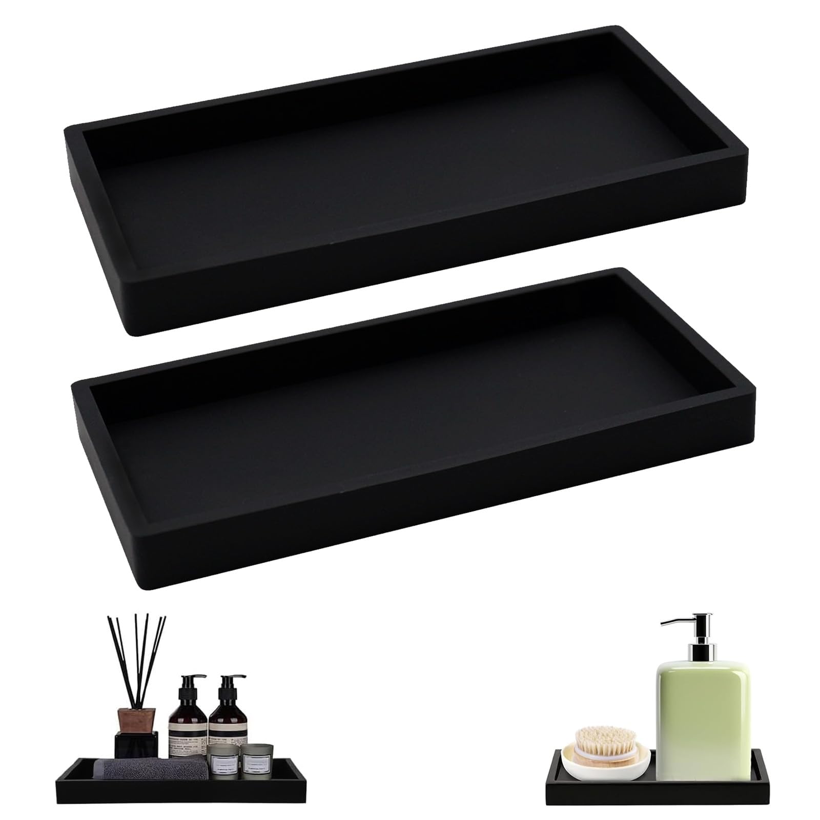 XINSUO® 2 Pieces Trays for Cosmetics Rectangular,Shatterproof Bathroom Tray,Vanity Tray Black,For Fabric Candles,Towels,Small Cosmetics(20 x 10 cm,Black)
