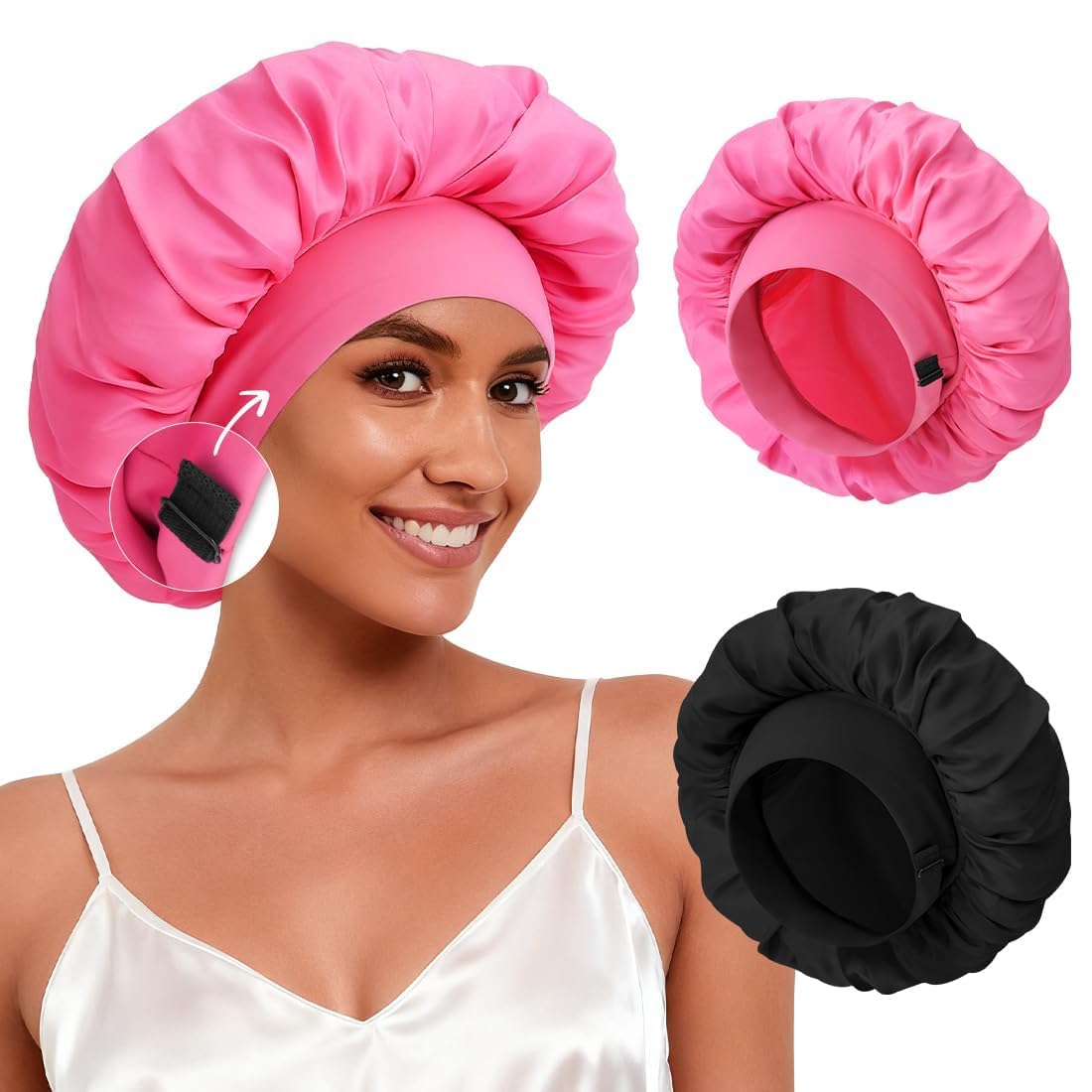 Photo 1 of 2Pcs Bonnet for Sleeping Women, Satin Adjustable Silk Hair Bonnet for Sleeping, Wide Band Sleep Caps for Curly Hair, Black & Rose Red