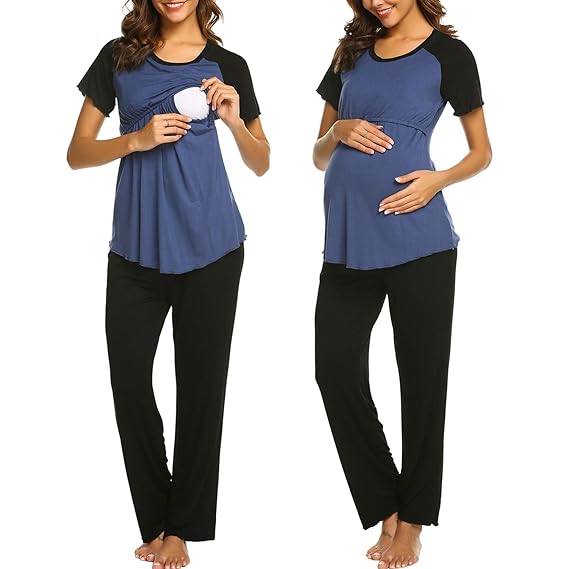 Balancora Damen Stillpyjama Umstandspyjama Baumwolle Stillschlafanzug Zweiteilige Nachtwäsche Hausanzug Pyjamas Kurzarm Shirt