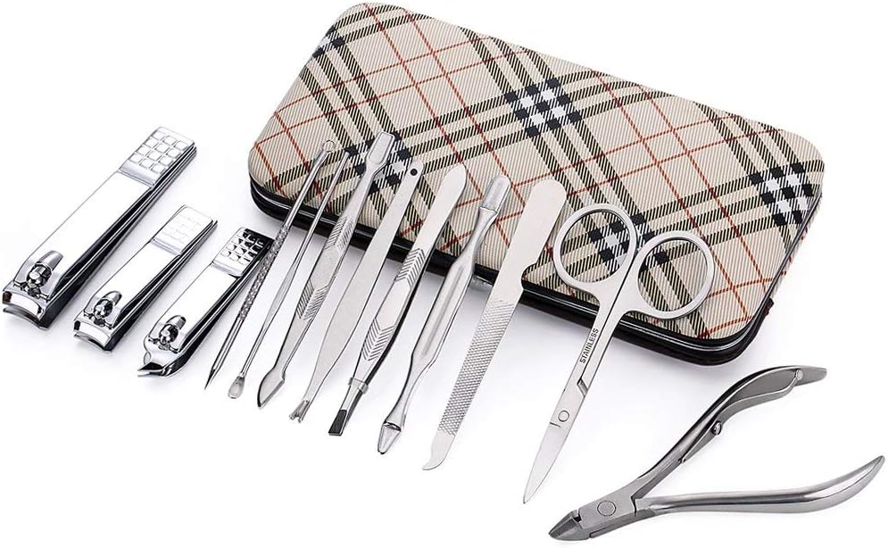 Professional Stainless Steel Manicure Tools Pedicure Grooming Kit Nail Clippers Set of 12 with Portable Travel Case