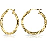 Hoops & Loops 925 Sterling Silver Diamond-Cut Square-Tube Click-Top Round Hoop Earrings for Women, Sizes 15mm 20mm 25mm 30mm 35mm, Silver, Yellow & Rose Gold