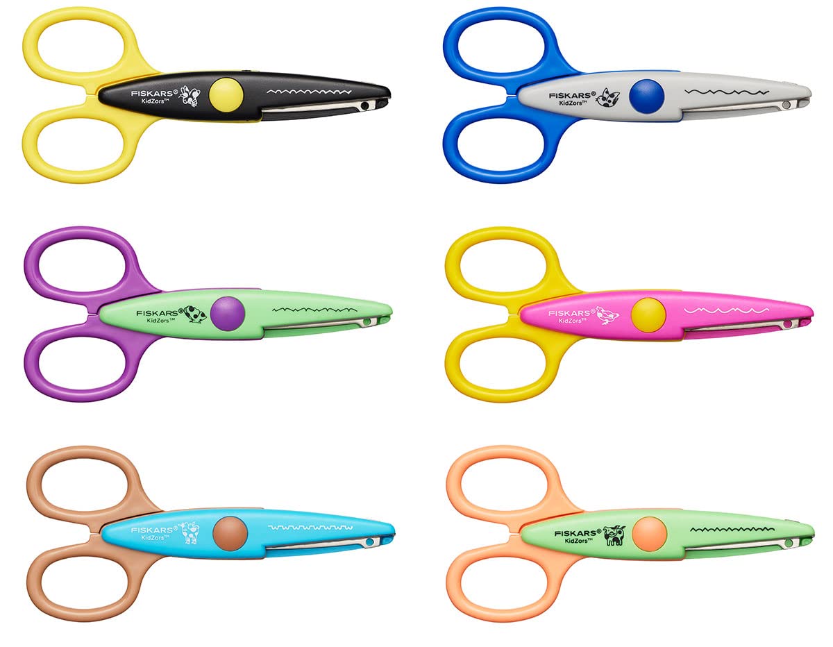 Fiskars Children's Decor Scissors, 6 Pieces, Incl. Storage Bag, Length: 13 cm, For Right- and Left-Handed Users, From 4 Years, Stainless Steel Blade/Plastic Handles, Multi-coloured, Kidzors, 1003730